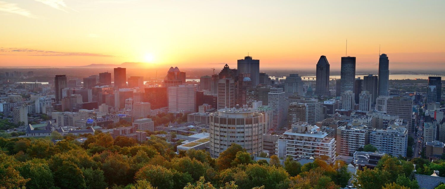Vue d'une ville avec gratte-ciel, avec des arbres en premier plan et avec couché de soleil en arrière plan